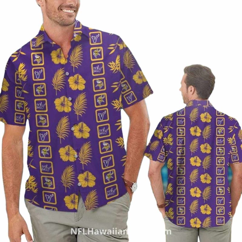 Minnesota Vikings Golden Palm And Hibiscus Hawaiian Shirt 1