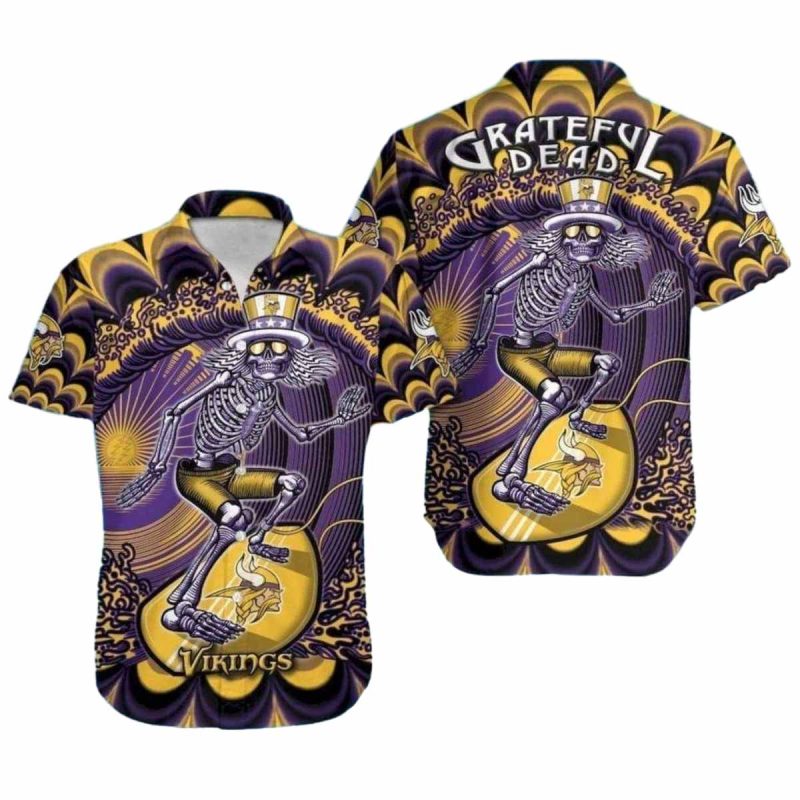 Minnesota Vikings Grateful Dead Skeleton Surfing Hawaiian Shirt 1