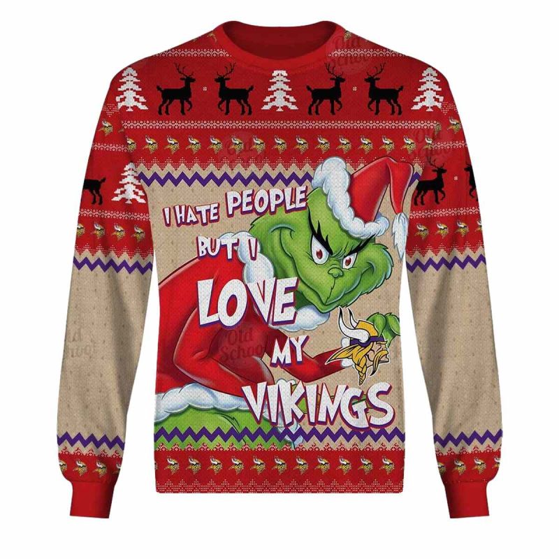 Minnesota Vikings Grinch Christmas I Hate People But I Love My Vikings Aop Sweatshirt 1