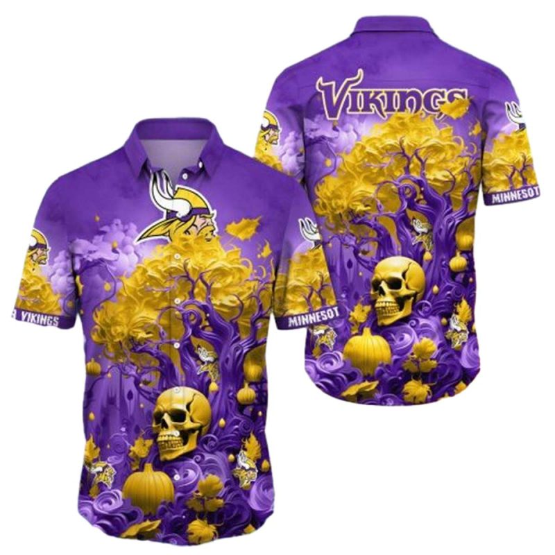 Minnesota Vikings Halloween Skull Pumpkin Hawaiian Shirt 1
