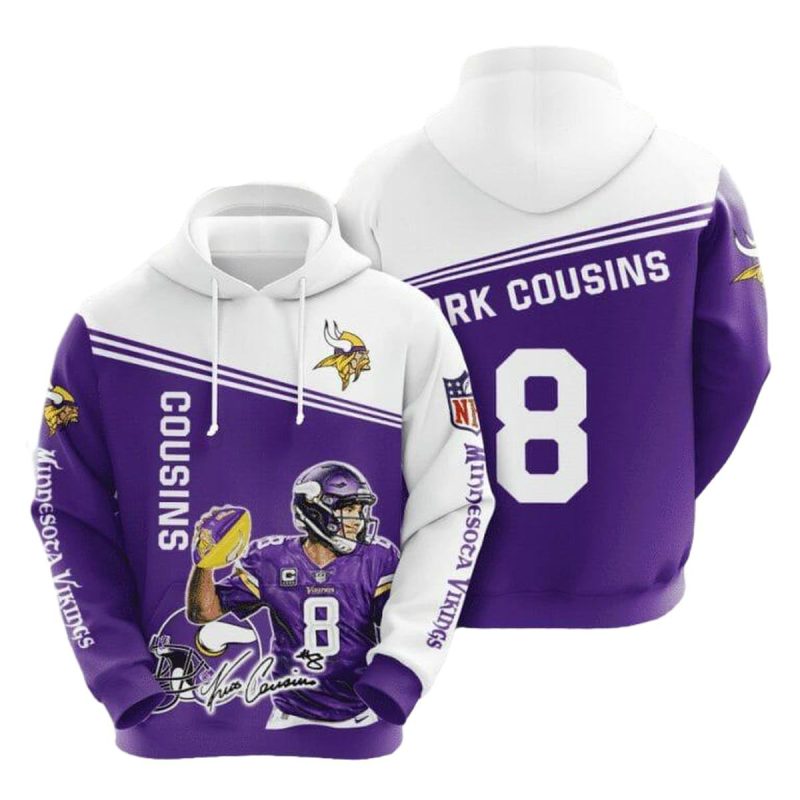 Minnesota Vikings Kirk Cousins 8 Signature Purple White Aop Hoodie 1