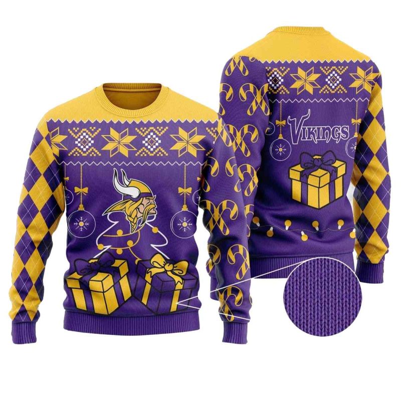 Minnesota Vikings Logo And Gift Box Holiday Ugly Sweater 1