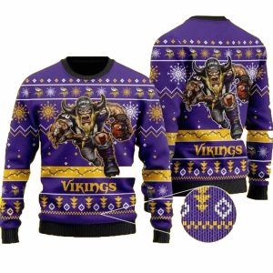 Minnesota Vikings Logo And Mascot Christmas Pattern Ugly Sweater