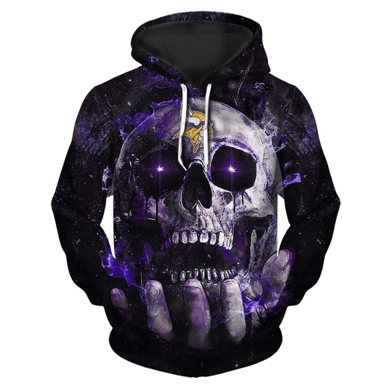 Minnesota Vikings Logo And Neon Skull Aop Hoodie 1
