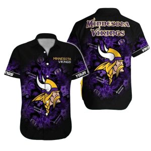 Minnesota Vikings Logo And Purple Hibiscus Black Hawaiian Shirt