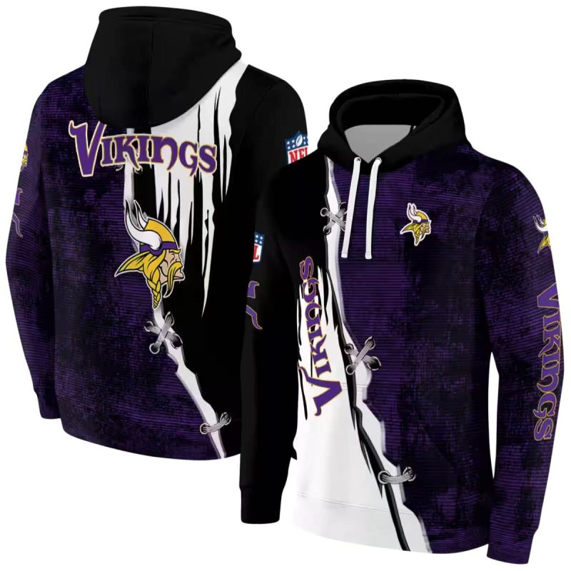 Minnesota Vikings Logo Ripped Pattern Purple Black White Aop Hoodie 1