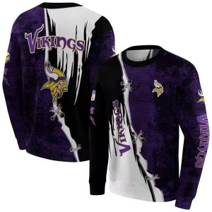 Minnesota Vikings Logo Ripped Pattern Purple Black White AOP Sweatshirt