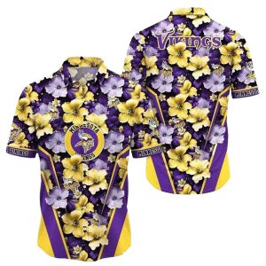 Minnesota Vikings Logo Yellow And Purple Hibiscus Hawaiian Shirt