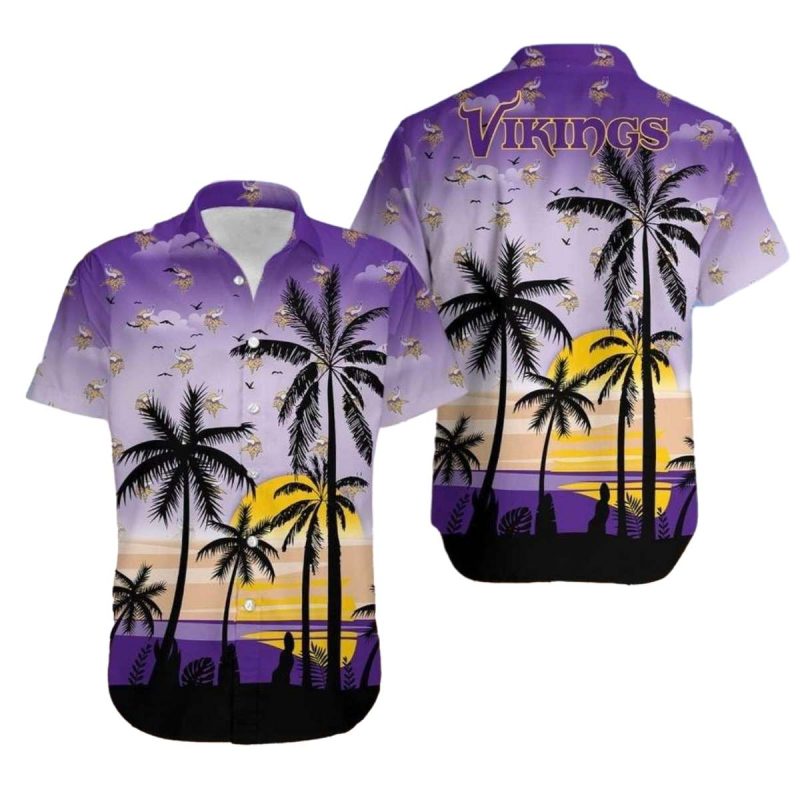Minnesota Vikings Multi Logo Ocean Sunset Palm Tree Hawaiian Shirt 1
