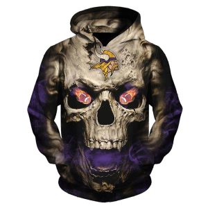 Minnesota Vikings Neon Glowing Fiery Vikings Football Eyes Skull AOP Hoodie