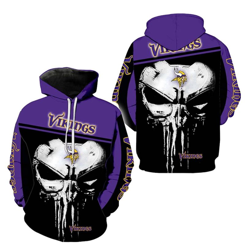 Minnesota Vikings Punisher Skull Black And Purple Aop Hoodie 1