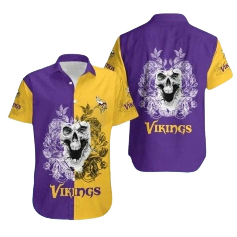 Minnesota Vikings Skull Floral Yellow And Purple Hawaiian Shirt 1