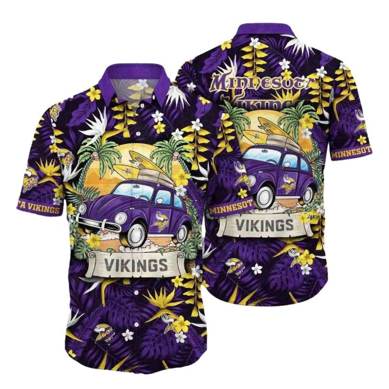 Minnesota Vikings Surfs Up Woody Wagon Tropical Hawaiian Shirt 1