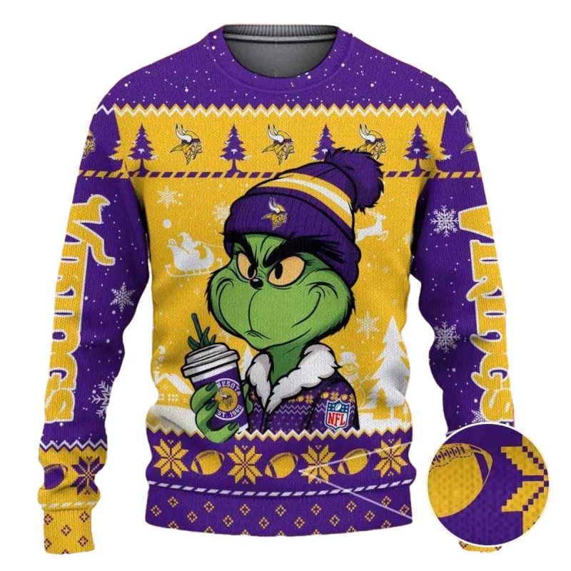 Minnesota Vikings The Grinch Drink Coffee Ugly Sweater 1