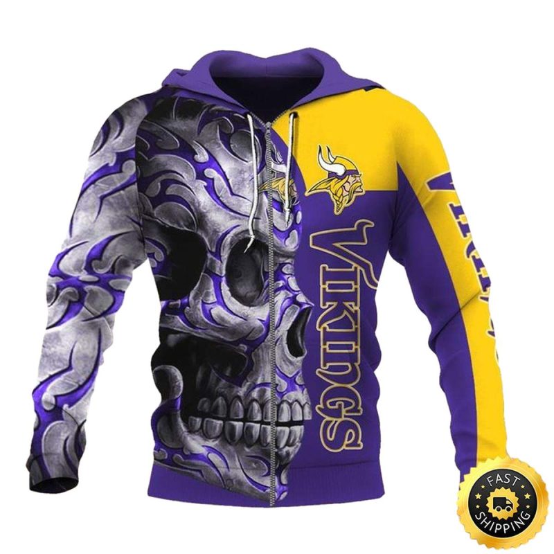 Minnesota Vikings Tribal Skull Aop Hoodie 1
