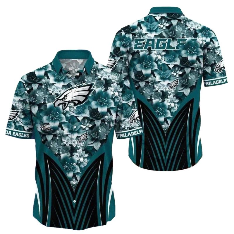 Monochrome Floral Elegance Philadelphia Eagles Hawaiian Shirt 1