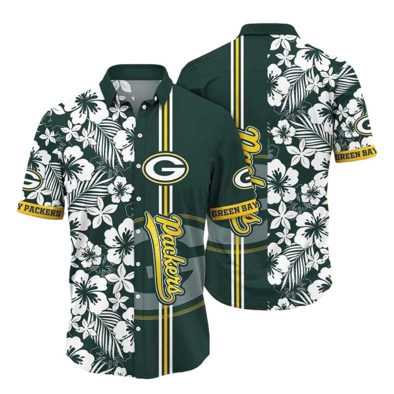 Monochrome Hibiscus And Stripes Green Bay Packers Hawaiian Shirt 1