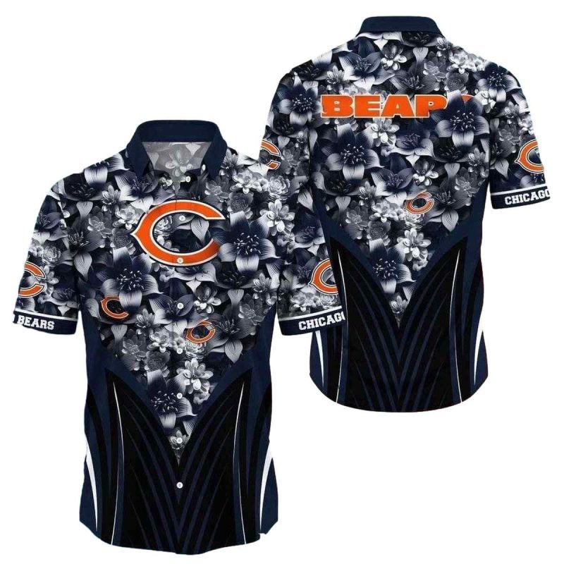 Monochrome Hibiscus Elegance Chicago Bears Hawaiian Shirt 1