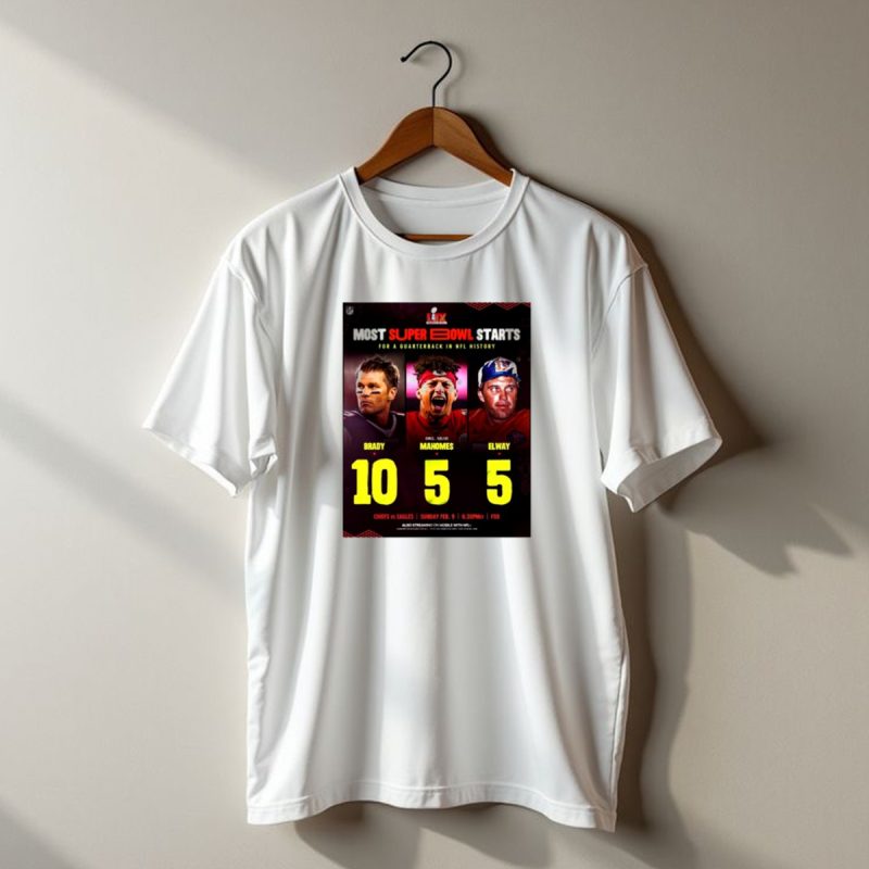 Most Super Bowl Starts For A Quarterback In History Brady 10 Mahomes 5 Elway 5 Chiefs Vs Eagles Feb 9 6 T Shirt 1 1