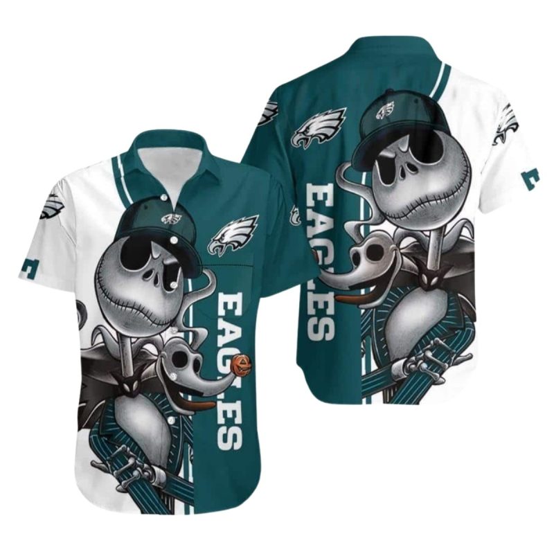 Nfl Jack Skellington And Zero Philadelphia Eagles Tropical Hawaiian Shirt 1