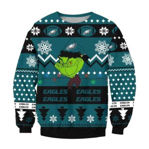 Philadelphia Eagles The Grinch Santa Hat Snowflakes Pattern Ugly Sweater