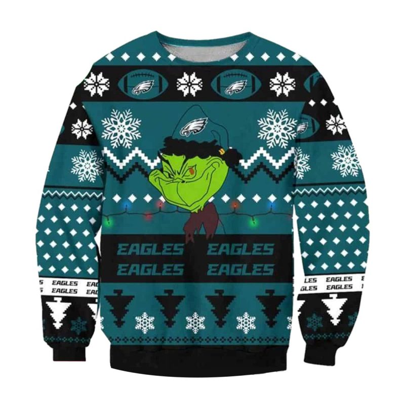 Nfl Philadelphia Eagles X The Grinch Santa Hat Snowflakes Pattern Ugly Sweater 90105528 1