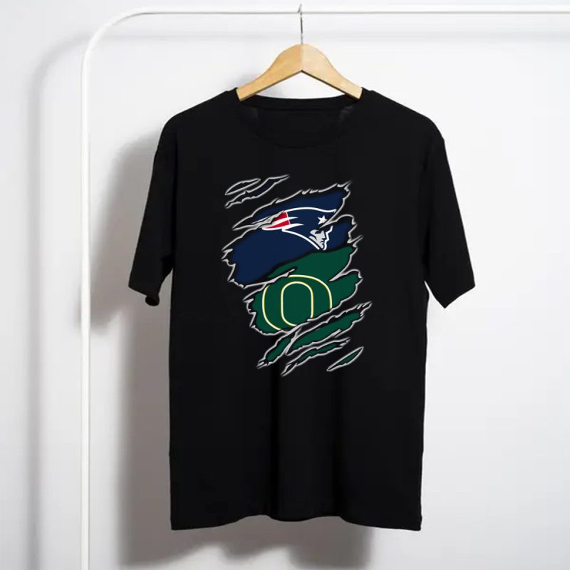 New England Patriots And Oregon Ducks Logos Torn Claw Marks Display T Shirt T Shirt 1