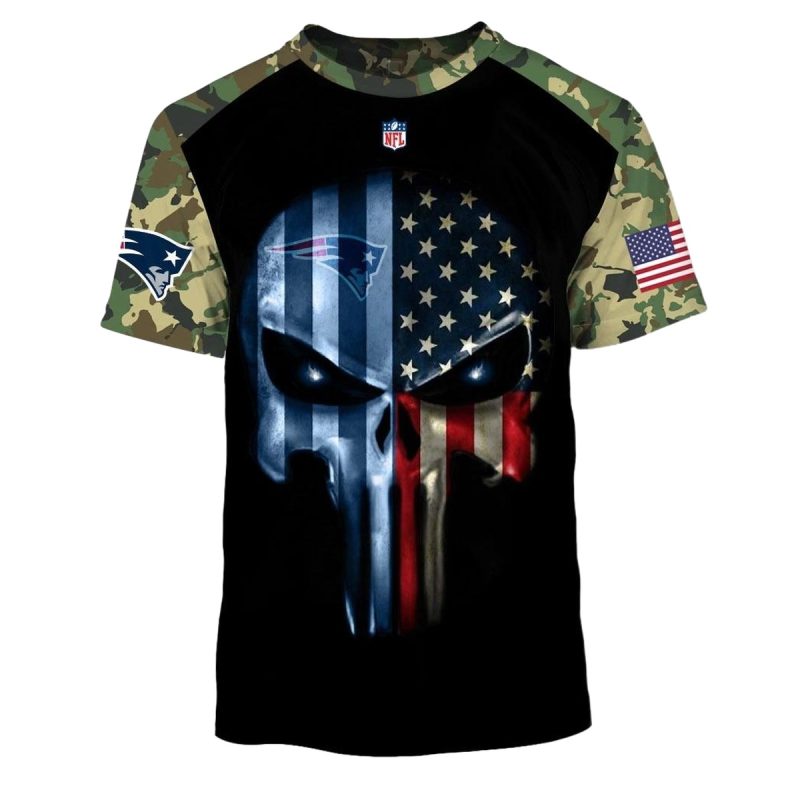 New England Patriots Army Camouflage American Flag Punisher Skull Aop T Shirt 1