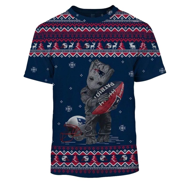 New England Patriots Baby Groot Ugly Christmas Aop T Shirt 1