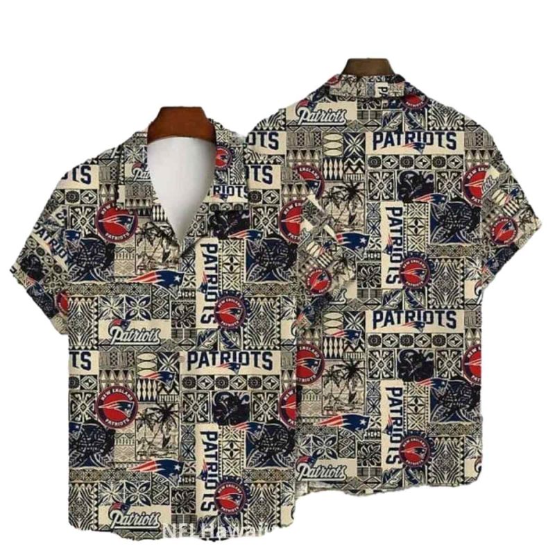 New England Patriots Beige Tribal Patchwork Pattern Hawaiian Shirt 1