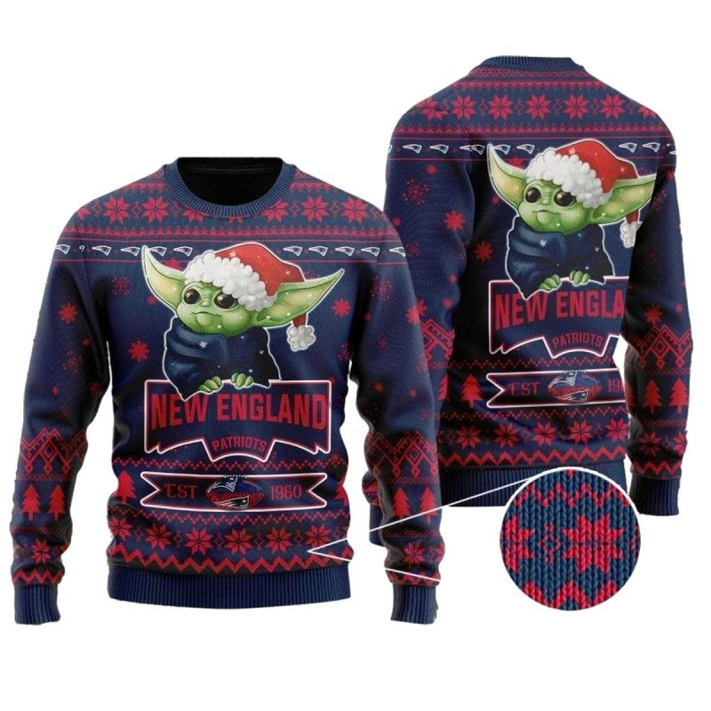 New England Patriots Cute Baby Yoda Grogu Ugly Sweater 1