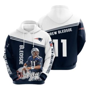 New England Patriots Drew Bledsoe Blue White AOP Hoodie