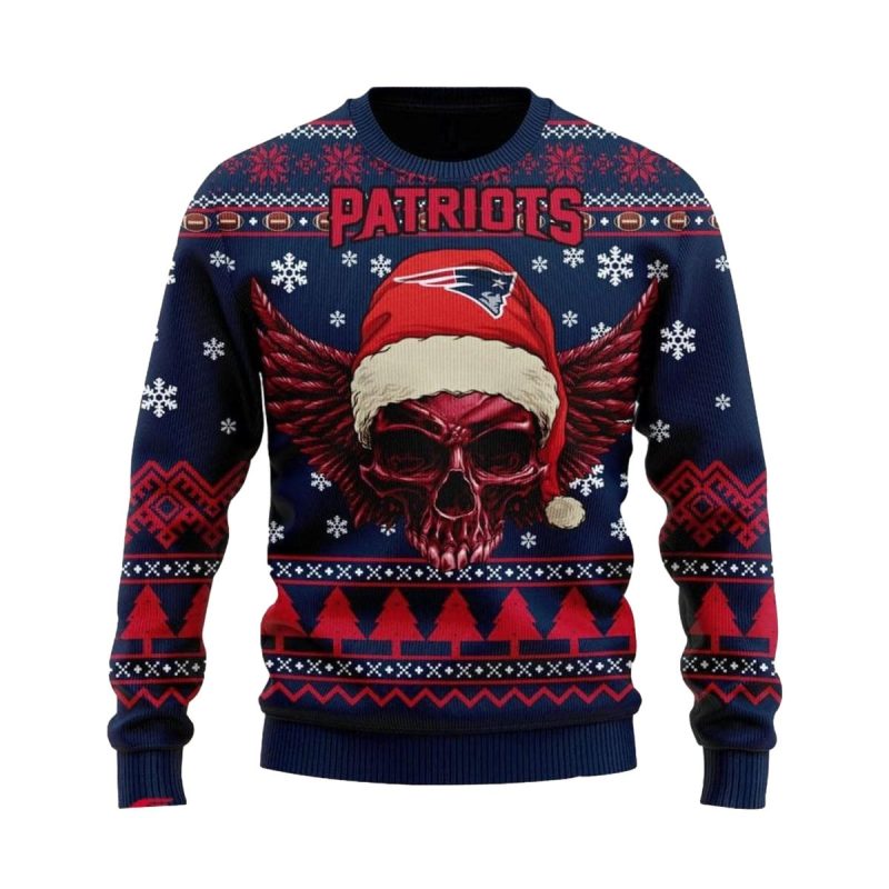 New England Patriots Golden Skull Santa Hat And Logo Christmas Ugly Sweater 1