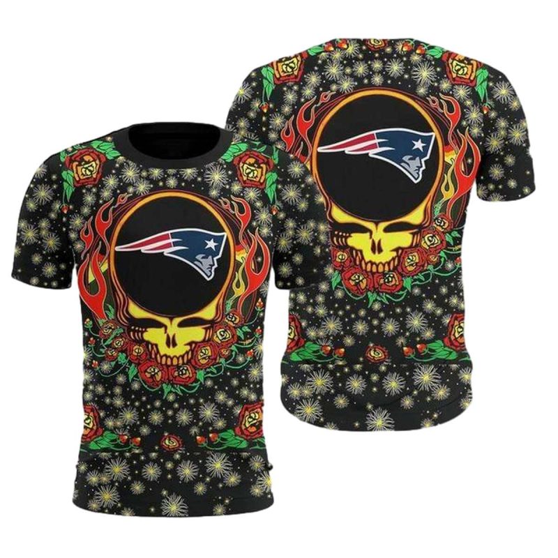 New England Patriots Greaful Dead Skull Flower Aop T Shirt 1