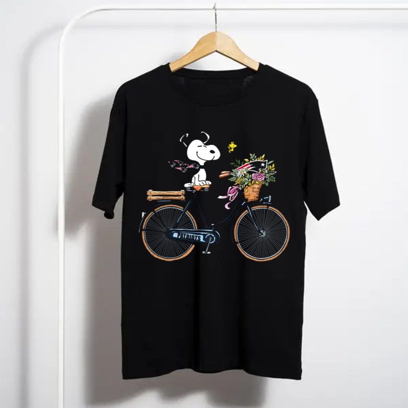 New England Patriots Happy Snoopy Bicycle With Flower Basket And Woodstock T Shirt T Shirt 1