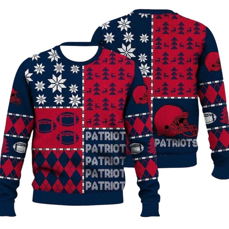 New England Patriots Helmet And Ball Blue Red Ugly Sweater 1