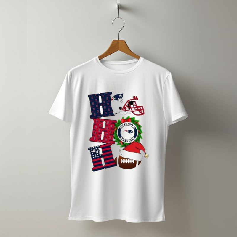 New England Patriots Ho Ho Ho Merry Christmas Football Helmet Wreath Santa Hat T Shirt T Shirt 1