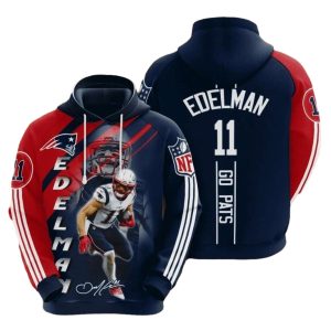 New England Patriots Julian Edelman Blue Red Stripes AOP Hoodie