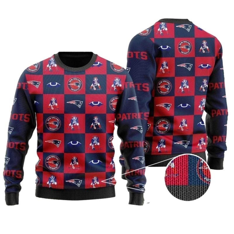 New England Patriots Logo Checkered Flannel Design Ugly Sweater 1