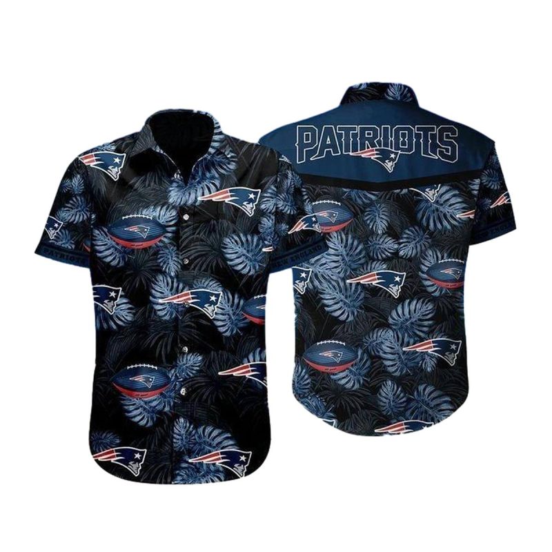 New England Patriots Logo Palm Leaves Black Pattern Hawaiian Shirt 1
