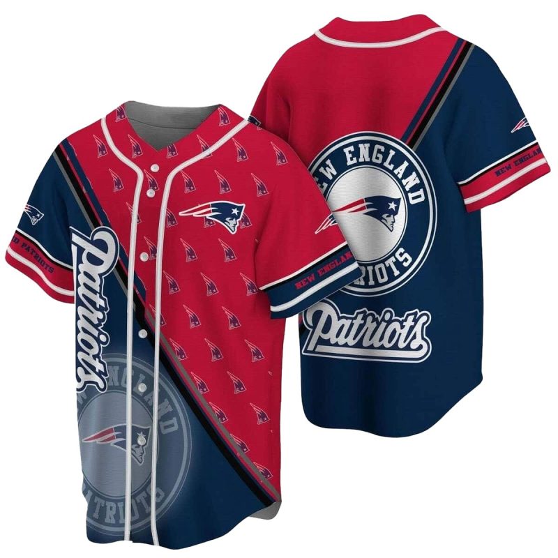 New England Patriots Multi Logo Red And Blue Baseball Jersey 1