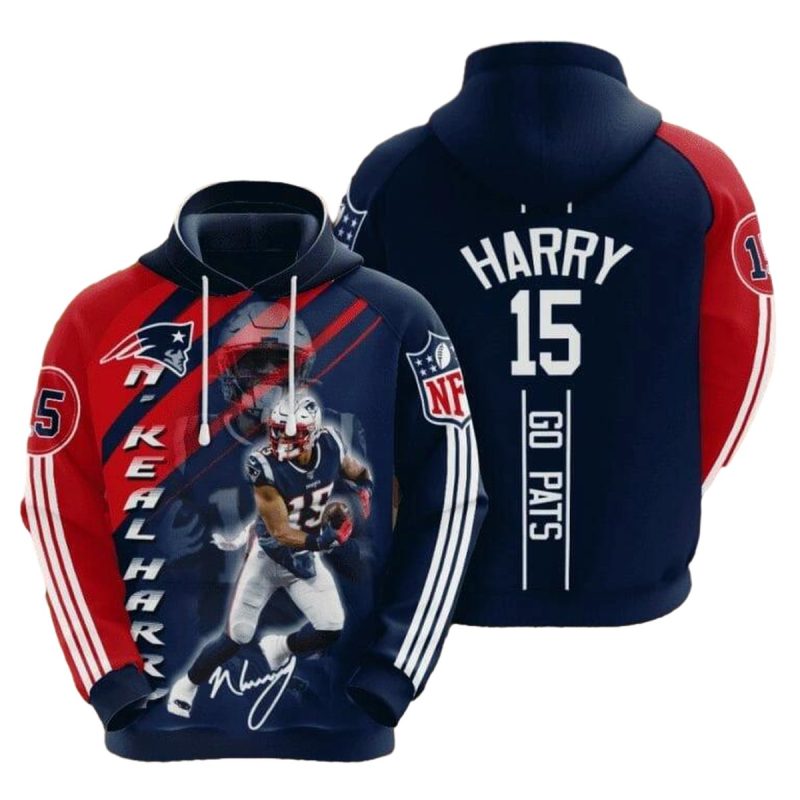 New England Patriots Nkeal Harry 15 Blue Red Stripes Aop Hoodie 1