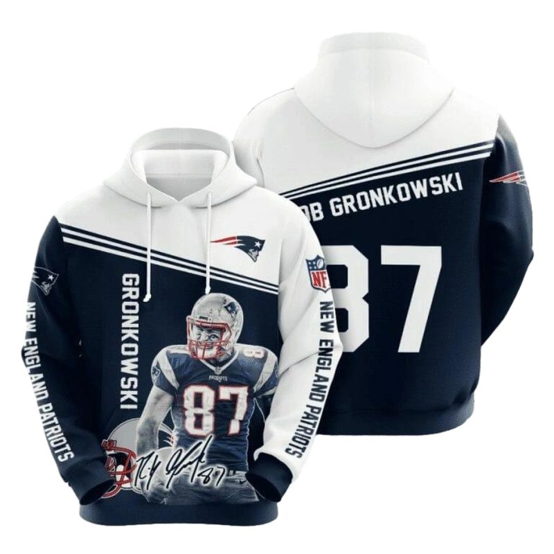 New England Patriots Rob Gronkowski 87 Blue White Aop Hoodie 1