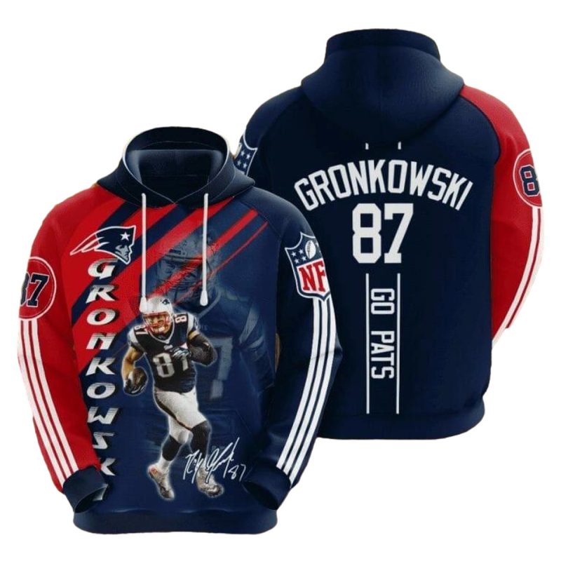 New England Patriots Rob Gronkowski Blue Red Stripes Aop Hoodie 1