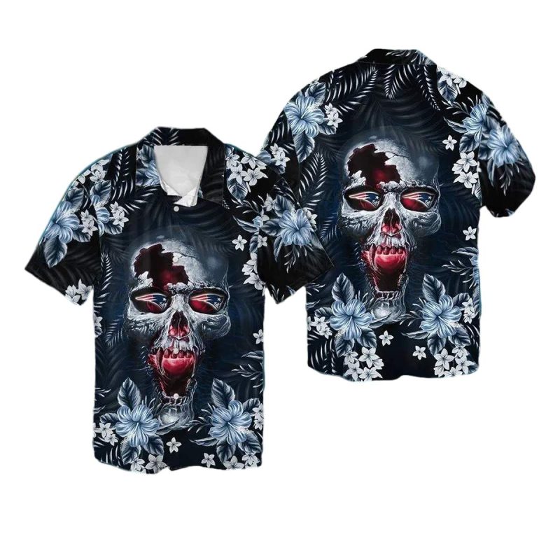 New England Patriots Skull Halloween Flower Hawaiian Shirt 1