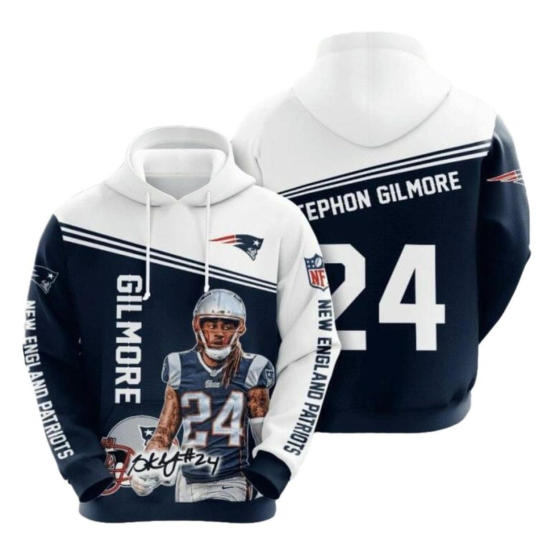 New England Patriots Stephon Gilmore 24 Blue White Aop Hoodie 1