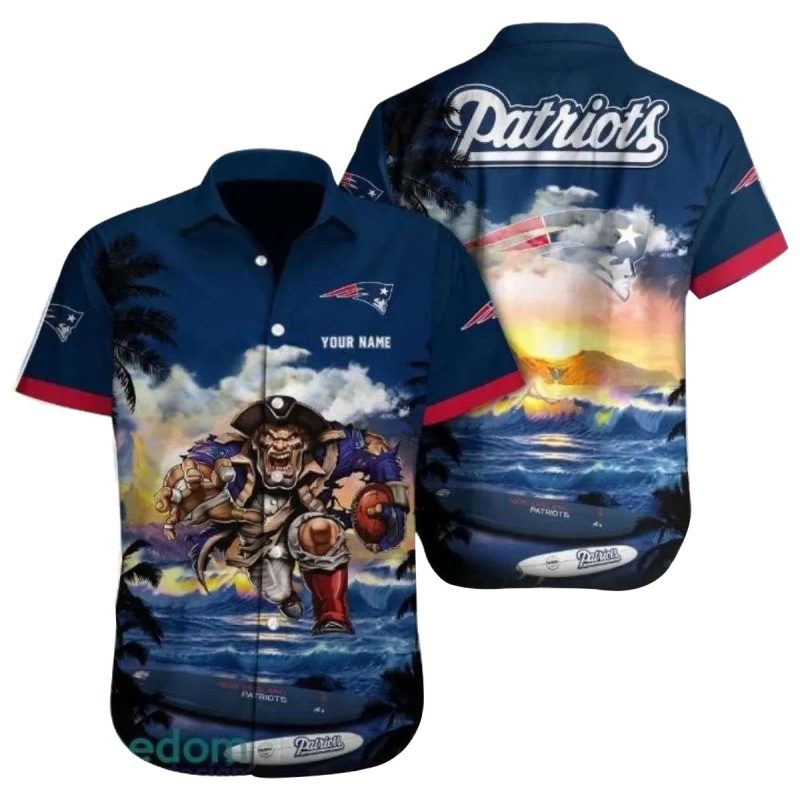 New England Patriots Sunset Showdown Mascot And Palm Trees Hawaiian Shirt 1