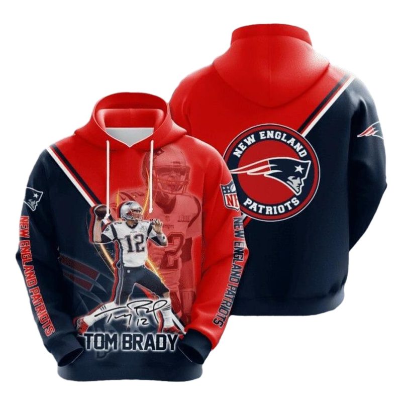 New England Patriots Tom Brady 12 Blue Red Aop Hoodie 1