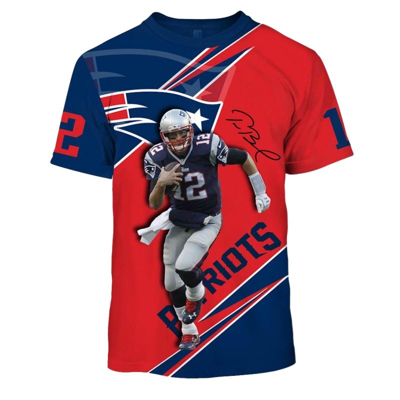 New England Patriots Tom Brady Signature Red And Blue Aop T Shirt 1