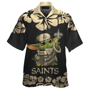 New Orleans Saints And Baby Yoda Hibiscus Black Pattern Hawaiian Shirt